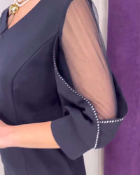 Robe Manches Mi-longues Col V Strass Couture