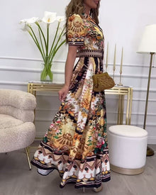 Robe longue à manches courtes et revers imprimé rétro
