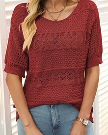 Pull À Manches Courtes En Maille Crochetée Ajourée Et Col Rond Pour Femmes