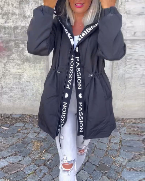 Manteau à capuche décontracté avec cordon de serrage et imprimé lettre