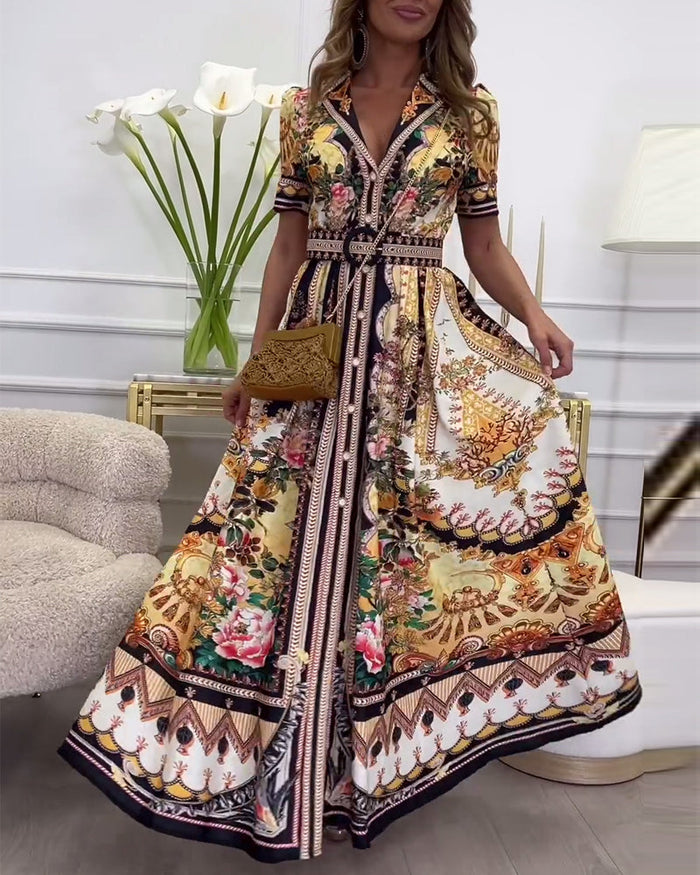 Robe longue à manches courtes et revers imprimé rétro
