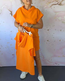 Ensemble ample à capuche et manches courtes de couleur unie