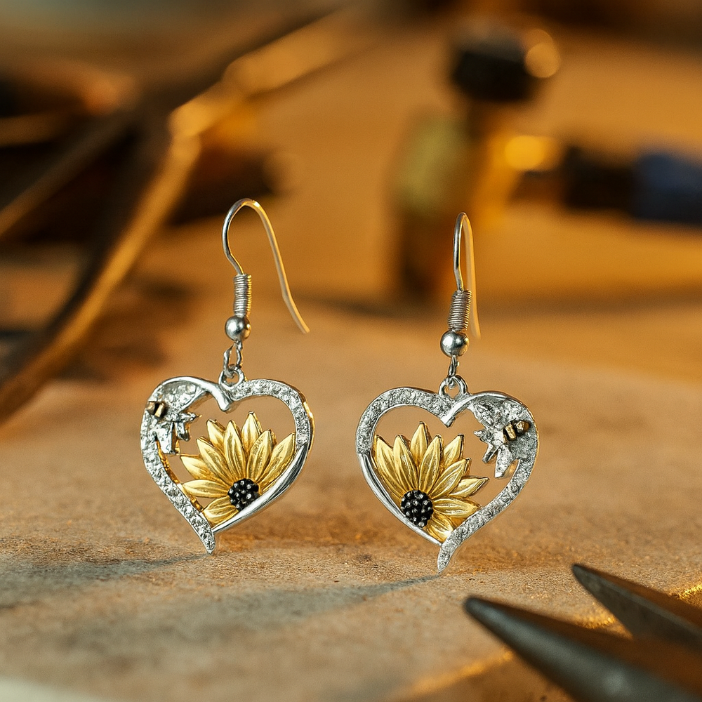 Boucles d'oreilles pendantes vintage boho avec tournesol et cœur d'abeille