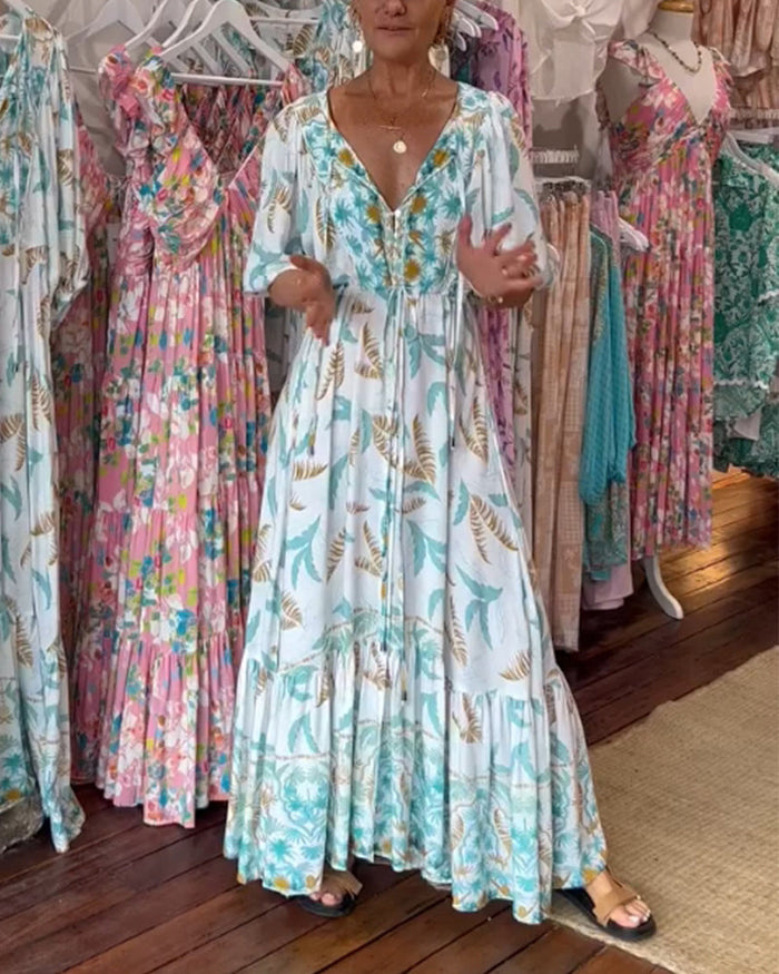 Robe longue femme col V imprimé feuilles
