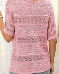 Pull À Manches Courtes En Maille Crochetée Ajourée Et Col Rond Pour Femmes
