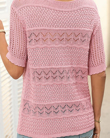 Pull À Manches Courtes En Maille Crochetée Ajourée Et Col Rond Pour Femmes