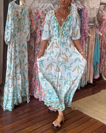 Robe longue femme col V imprimé feuilles