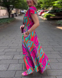 Robe longue col V imprimé coloré manches raglan