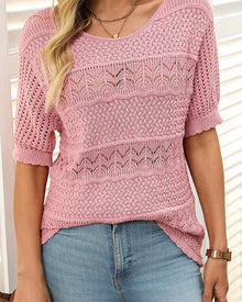 Pull À Manches Courtes En Maille Crochetée Ajourée Et Col Rond Pour Femmes