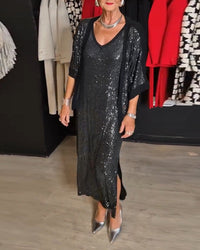 Ensemble robe fendue à paillettes de couleur unie à la mode avec col en V