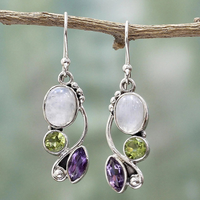 Boucles d'oreilles vintage en cristal et pierre de lune violette et verte en argent