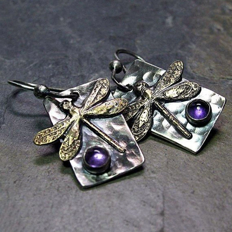 Boucles d'oreilles vintage en forme de libellule avec des cristaux violets