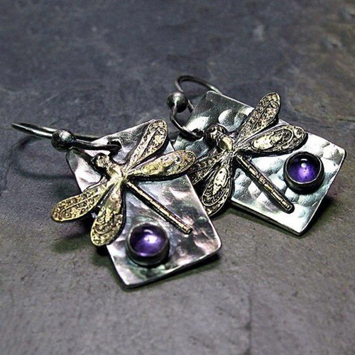 Boucles d'oreilles vintage en forme de libellule avec des cristaux violets