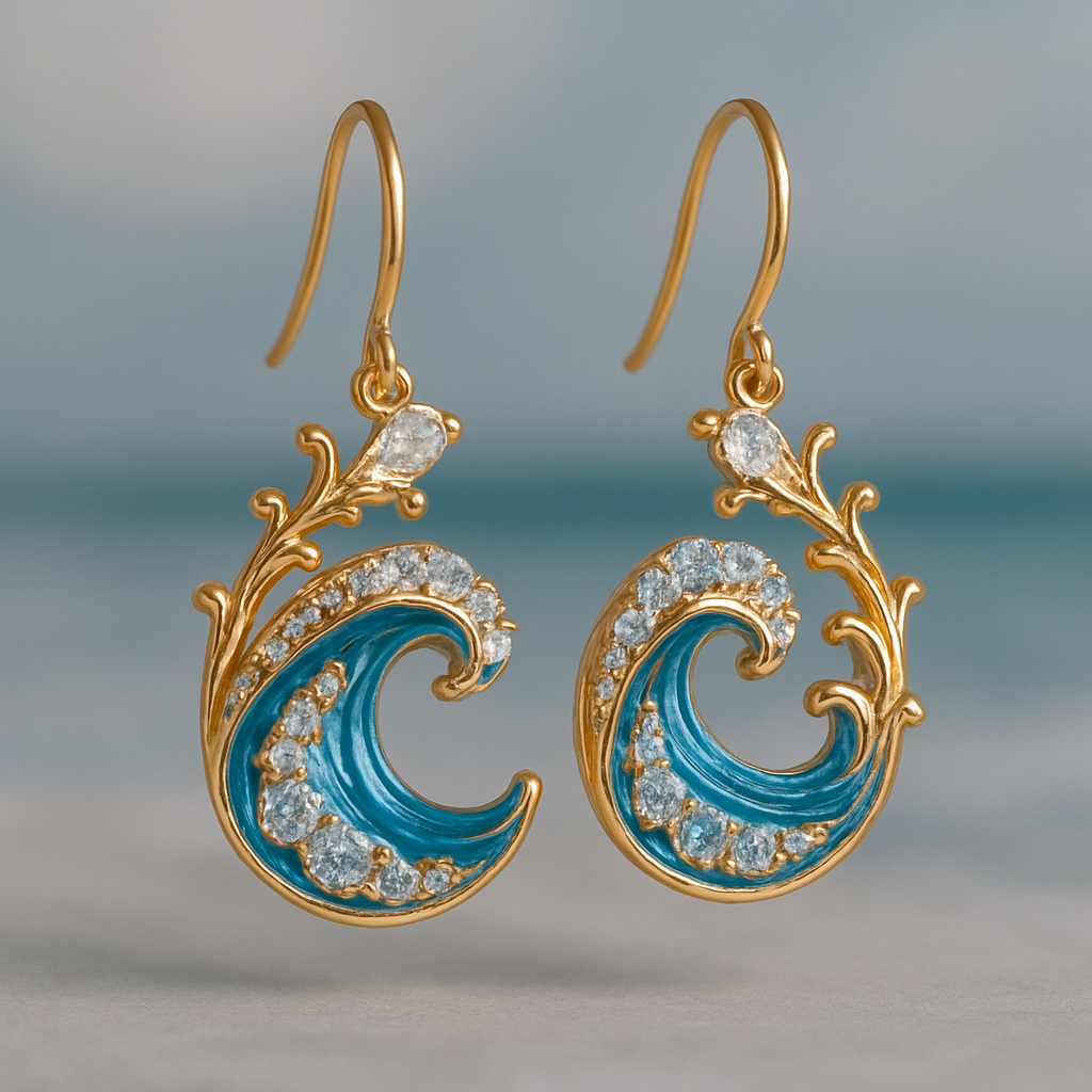 Boucles d'oreilles dorées avec des brillants vagues de l'océan