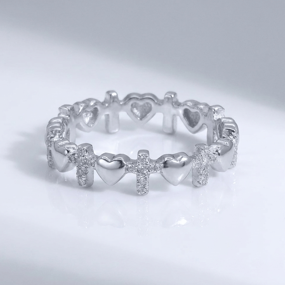 BAGUE CROIX ET COEURS EN ARGENT
