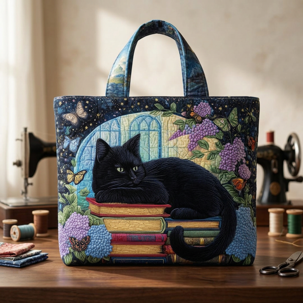 Sac artisanal chat noir sur les livres – Idée cadeau