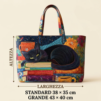Sac à main femme avec chat noir, livres et tasses – Deux tailles