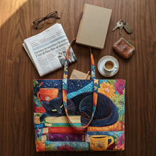 Sac à main femme avec chat noir, livres et tasses – Deux tailles