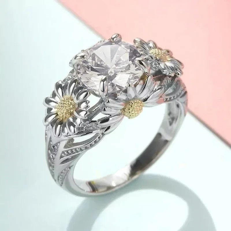 Bague vintage avec tournesol jaune et argent