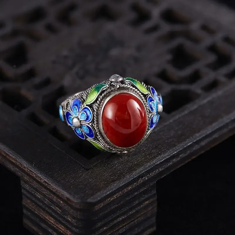 Bague vintage avec incrustations d'argent et de tourmaline rouge du sud (Ajustable)