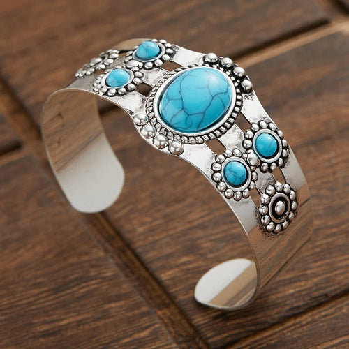 Bracelet ajustable ouvert vintage en argent et turquoise