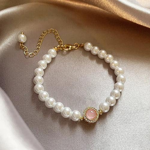 Bracelet vintage avec perles et quartz rose doré