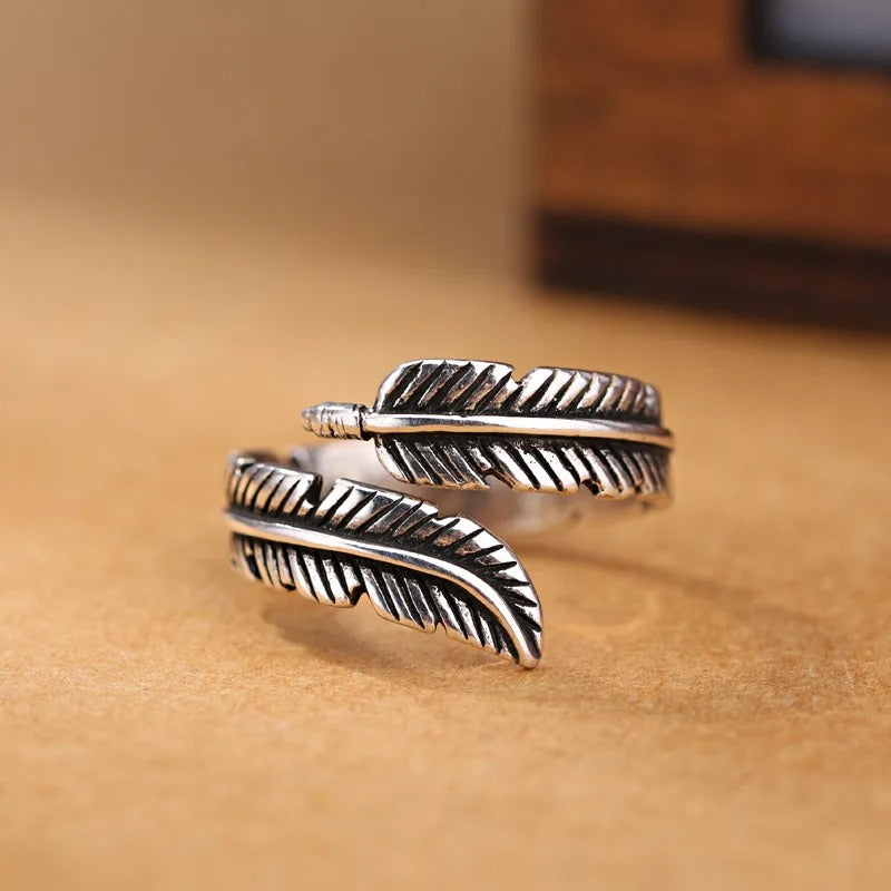 Bague ajustable vintage en argent avec feuille