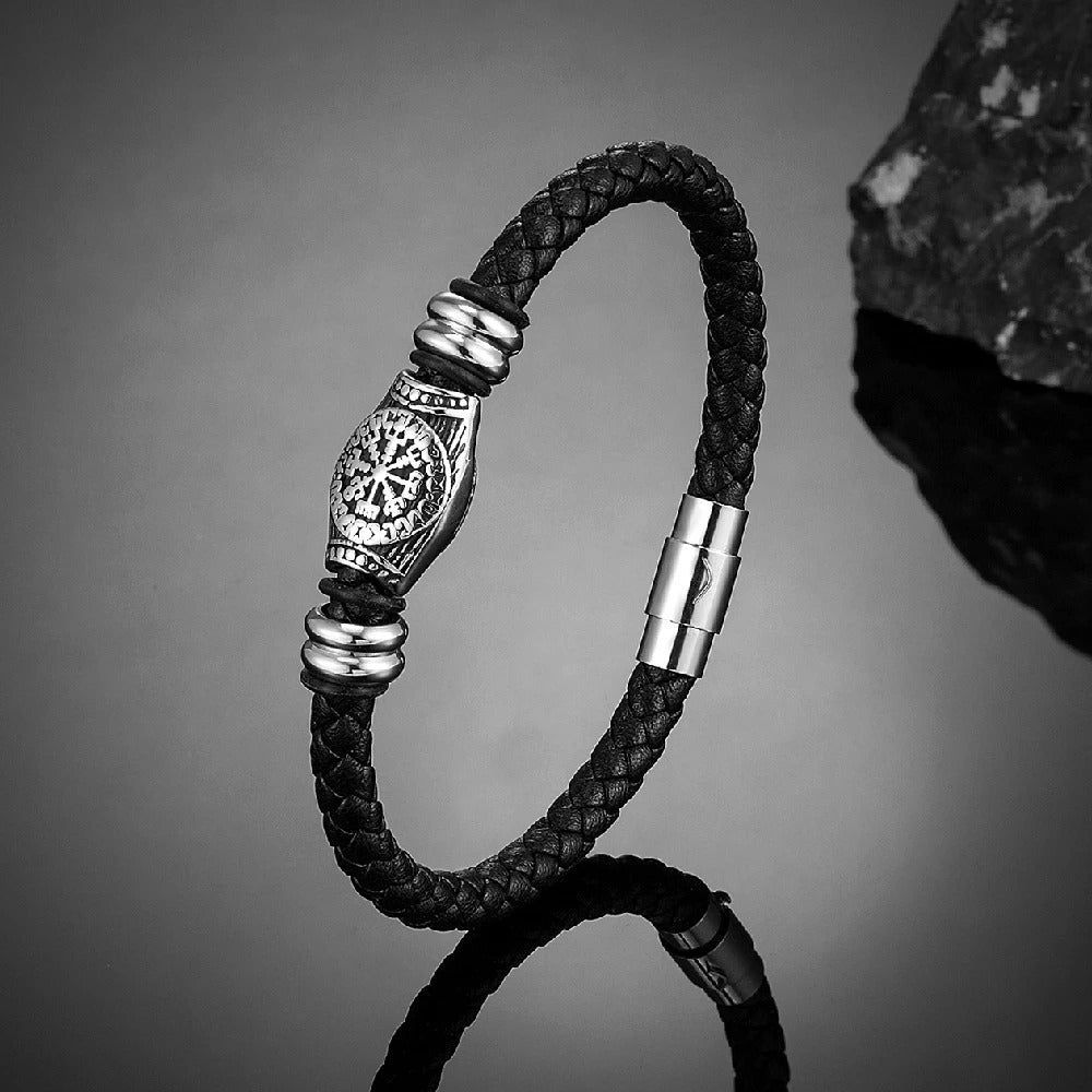 Bracelet en cuir tressé Viking Compass noir