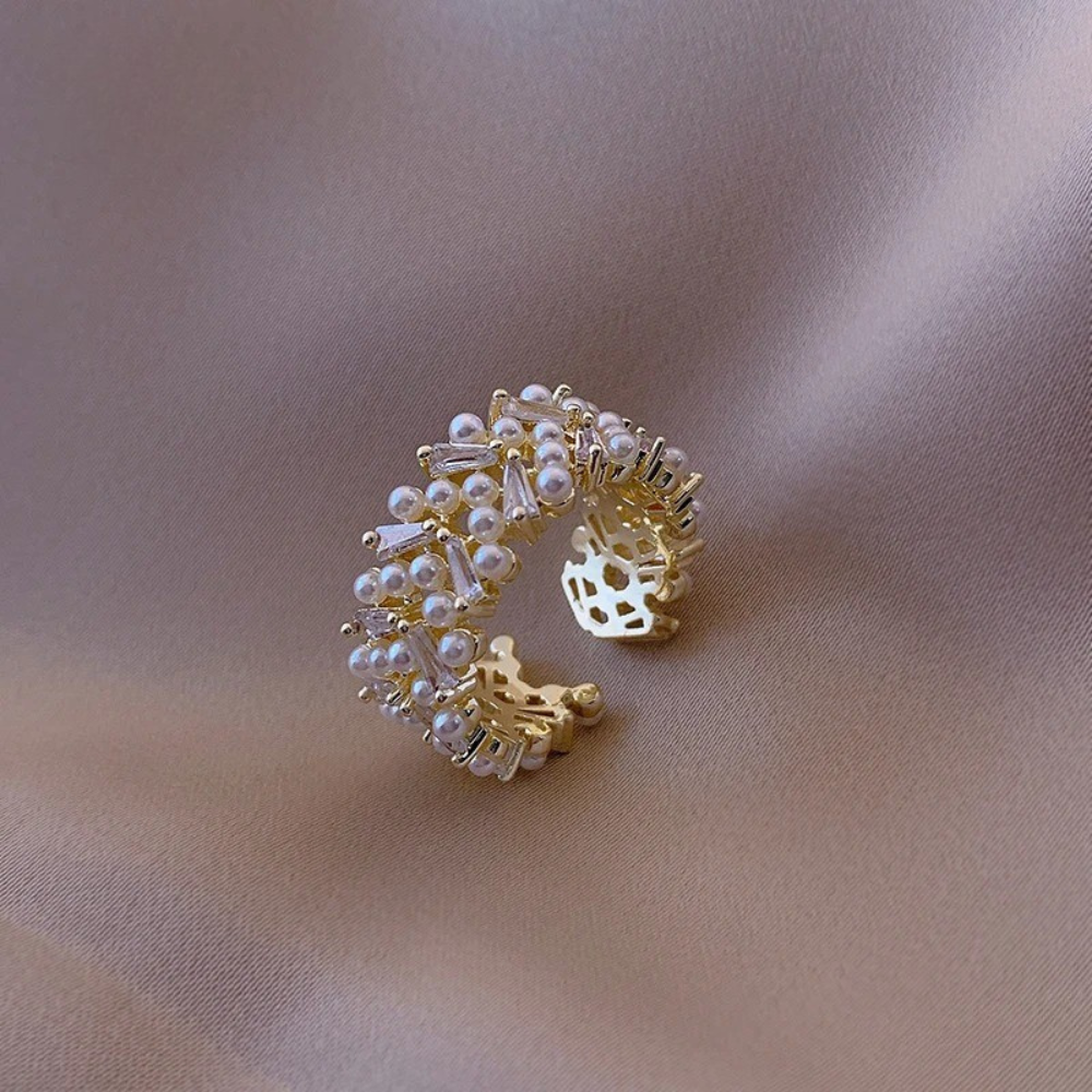 Bague ajustable vintage avec perles et cristaux dorés (Ajustable)