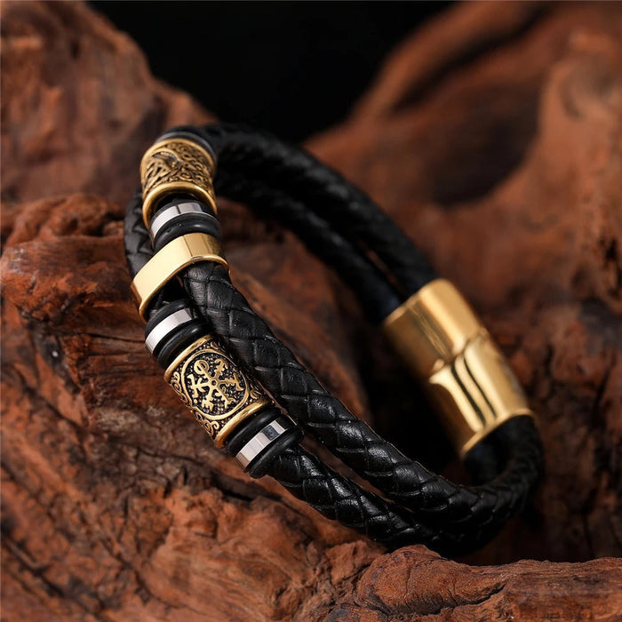 Bracelet en cuir tressé noir avec pendentif doré