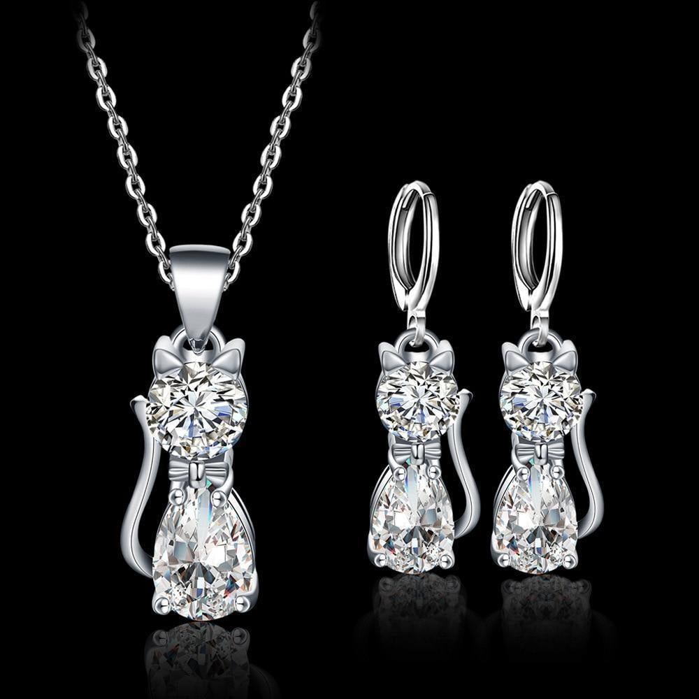 Ensemble de collier + boucles d'oreilles Happy Cats en argent et zircone blanche polie
