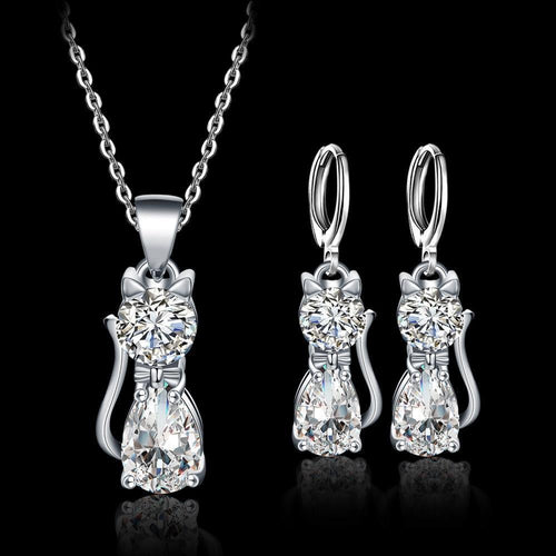 Ensemble de collier + boucles d'oreilles Happy Cats en argent et zircone blanche polie